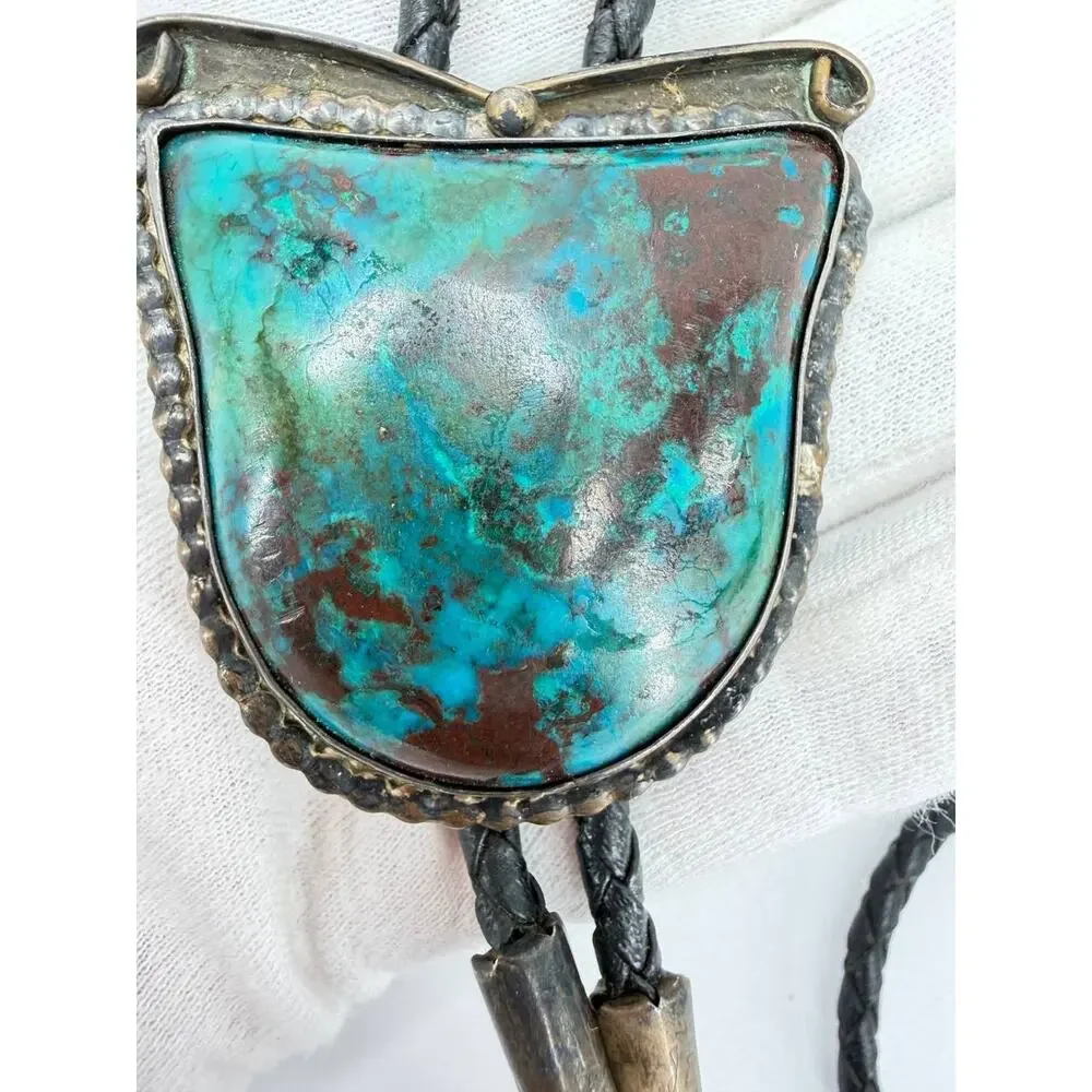 Vintage Sterling Silver Turquoise Bolo Tie Leather Cord Southwestern 59.2g